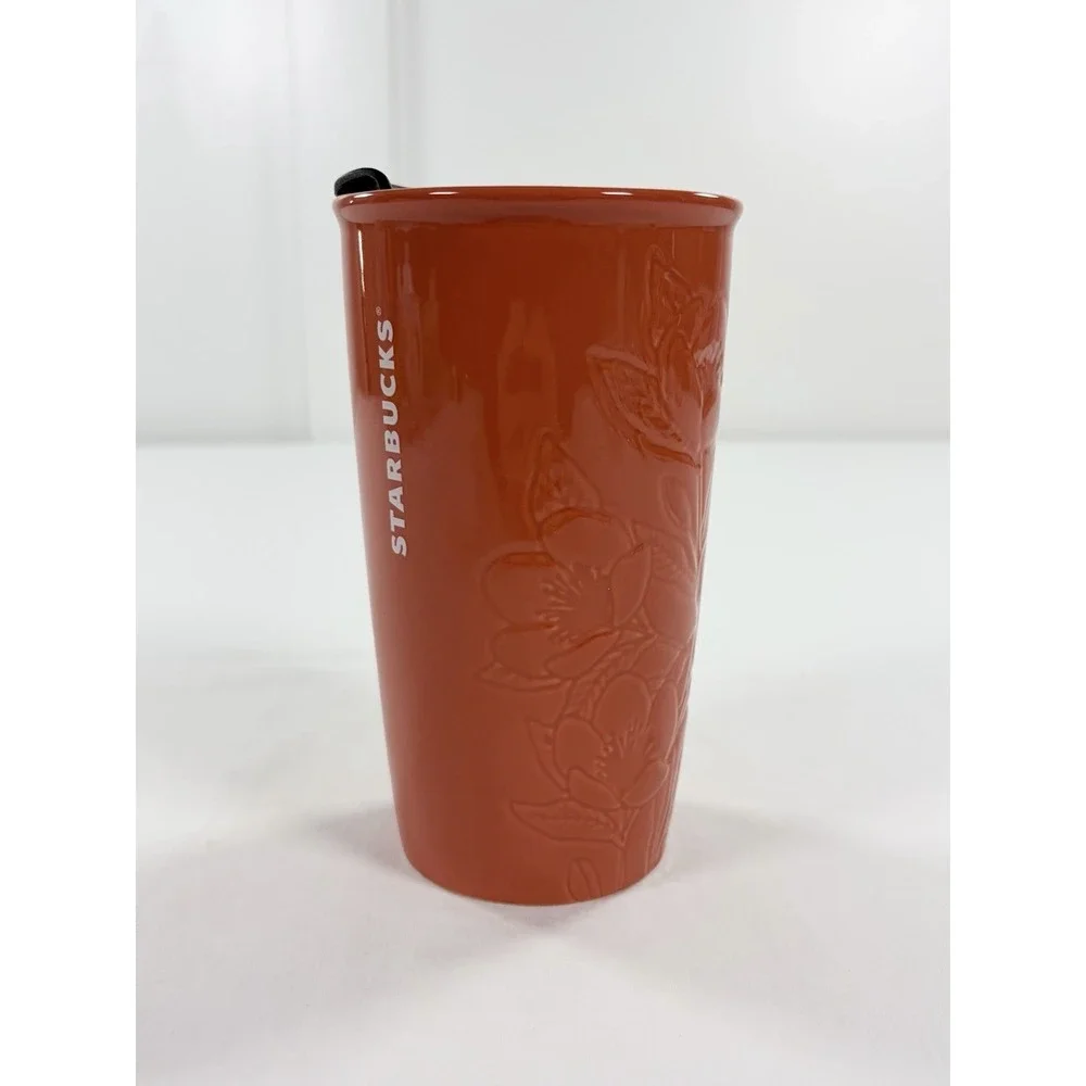 Starbucks Burnt Orange Ceramic Double Wall Travel Mug Tumbler 12oz Floral Relief